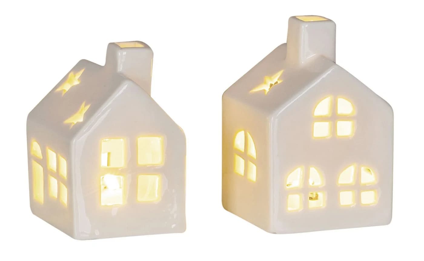 Levandeo® Teelichthalter 2er Set LED Haus Weiß Porzellan Lichthaus Tischdeko Skandi Design