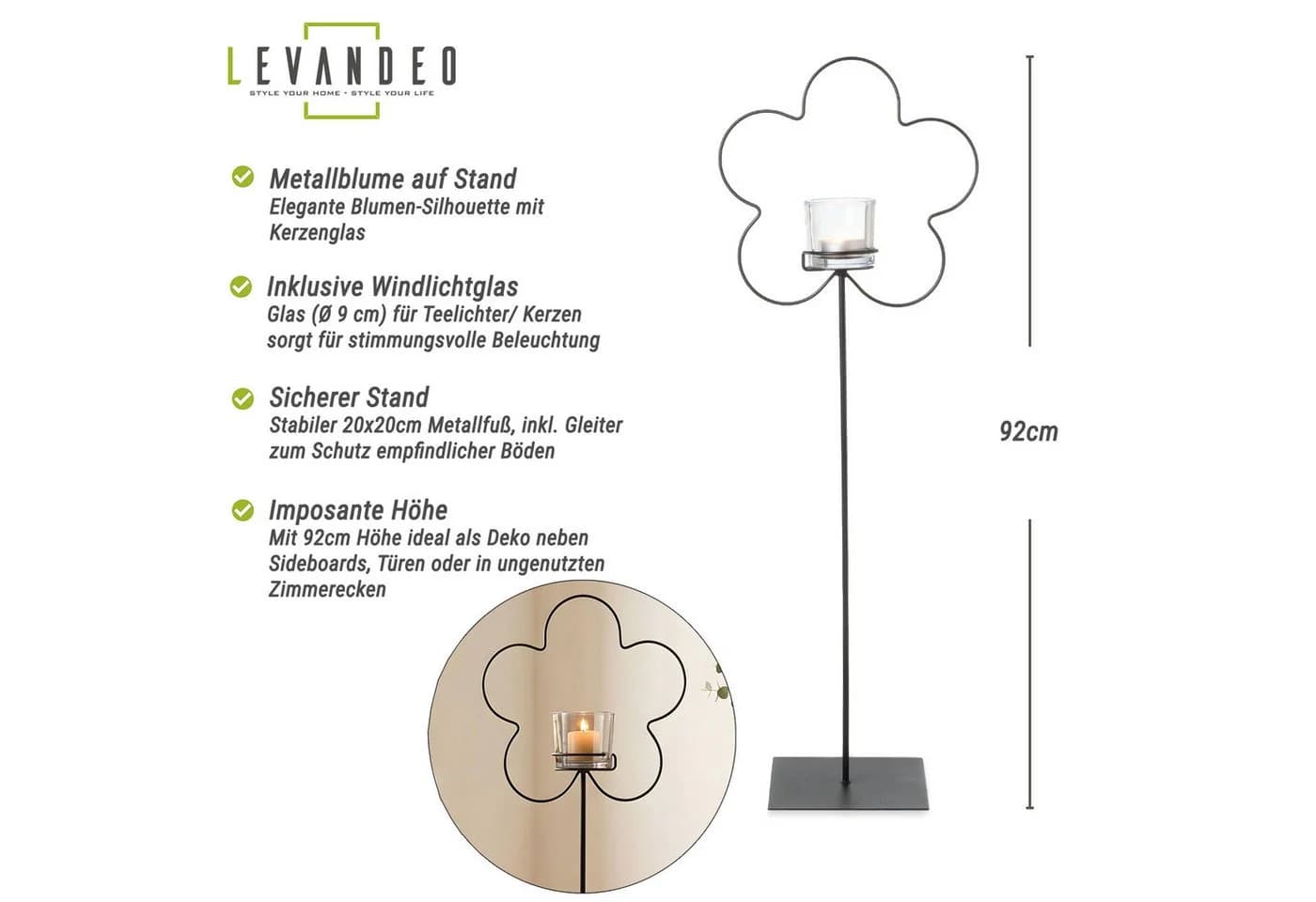Levandeo® Boden-Kerzenhalter Schwarz Metall Blumen-Silhouette Skandi-Design