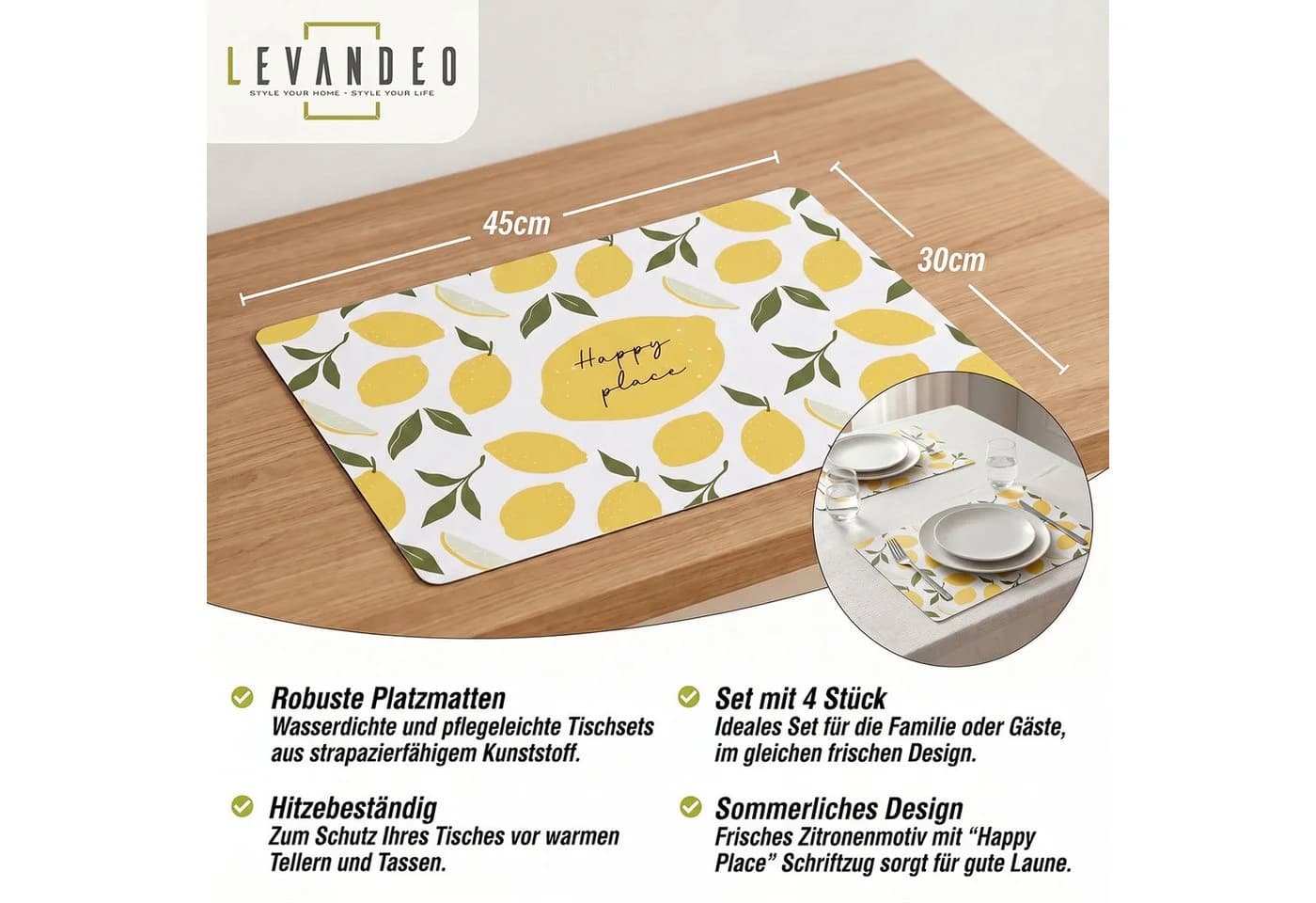 Levandeo® Platzset 4er Set Zitrone Sommer Platzdecke