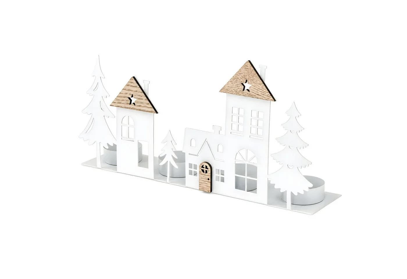 Levandeo® Teelichthalter Häuser Weiß 4 Kerzen MDF Holz Metall