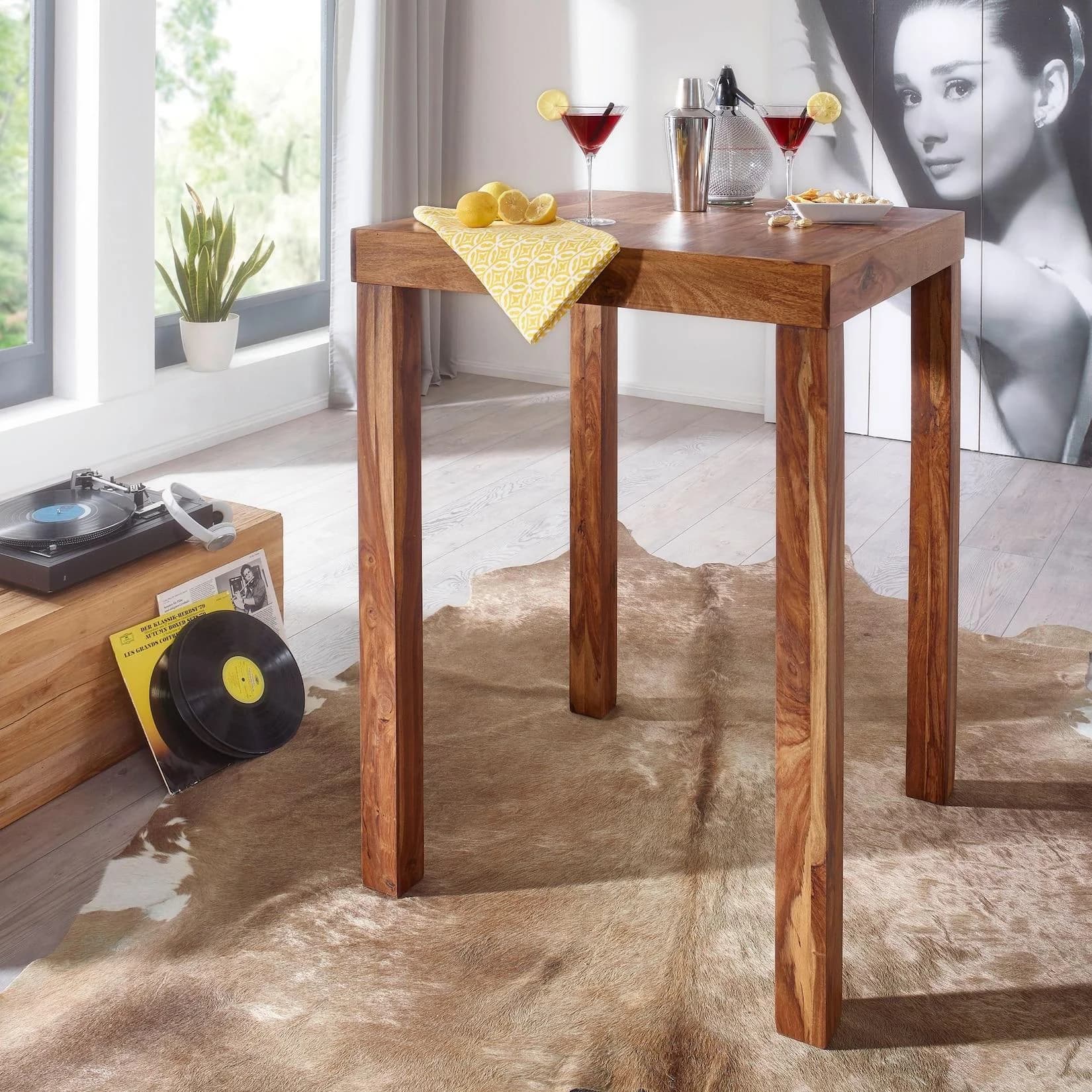 FineBuy Bartisch Massivholz Sheesham Rustikal Stehtisch