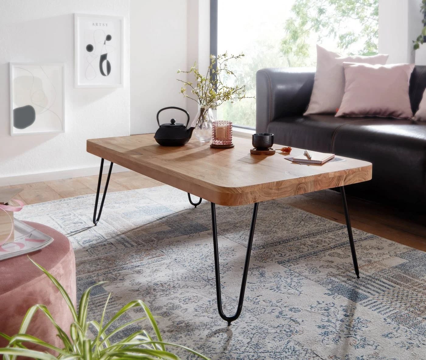 FINEBUY Couchtisch Akazie Massivholz 115cm Modern Hairpin Beine