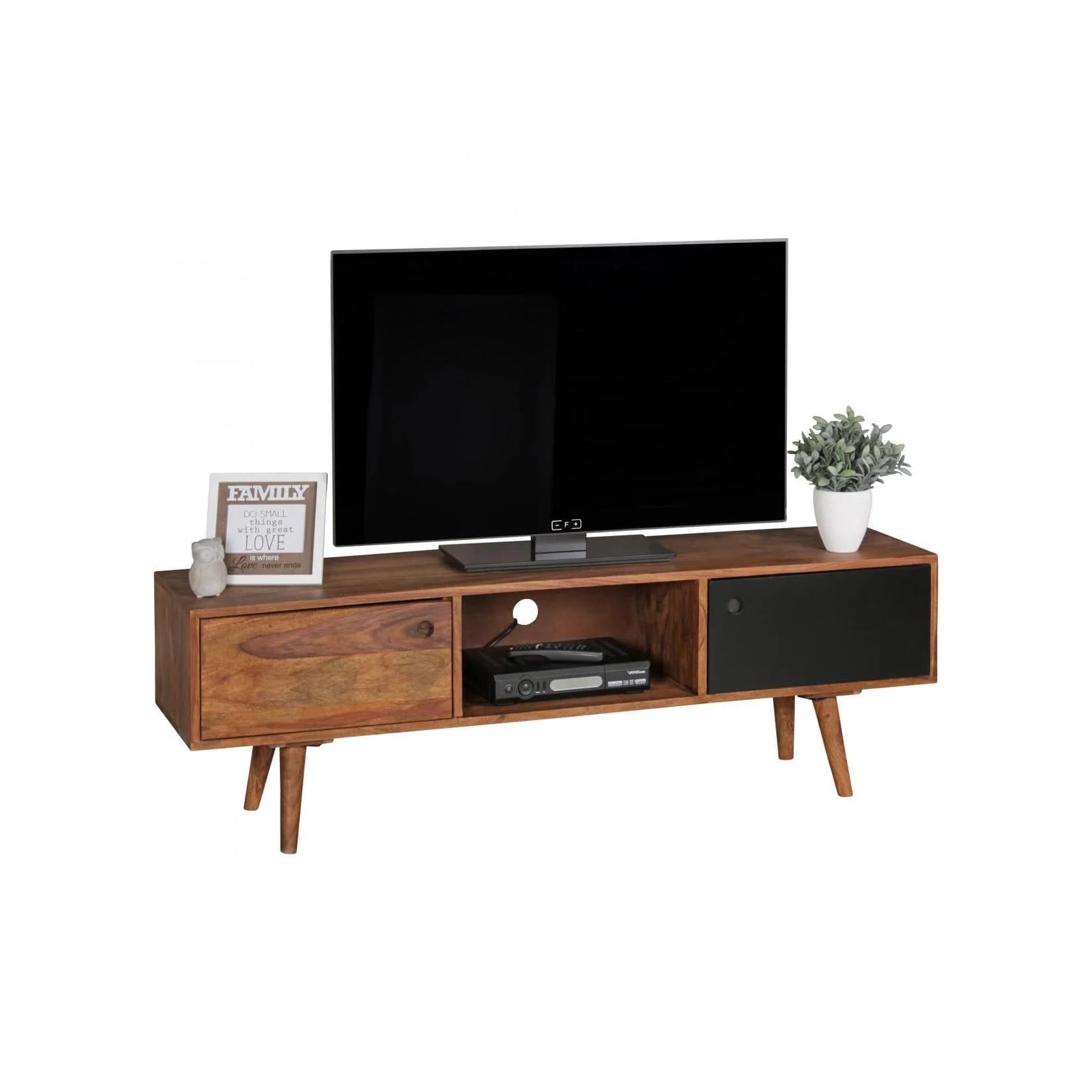 WOHNLING TV Lowboard REPA Massivholz Sheesham Braun/Schwarz