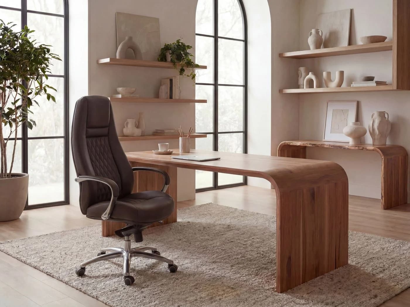 FINEBUY Bürostuhl AUSTIN Chefsessel Echtleder Braun Hohe Rückenlehne