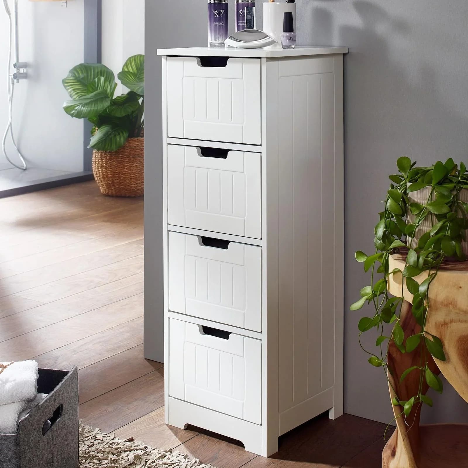 FINEBUY Badschrank Landhaus-Stil Weiß mit 4 Schubladen