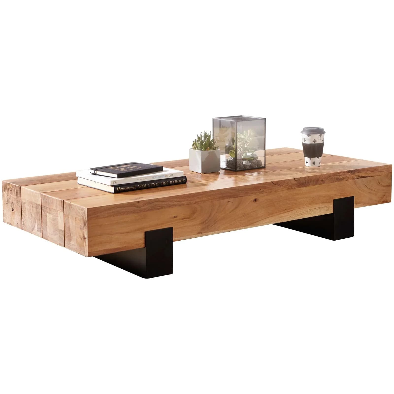 Couchtisch Akazie Massivholz Hellbraun mit Schwarzem Designer Gestell