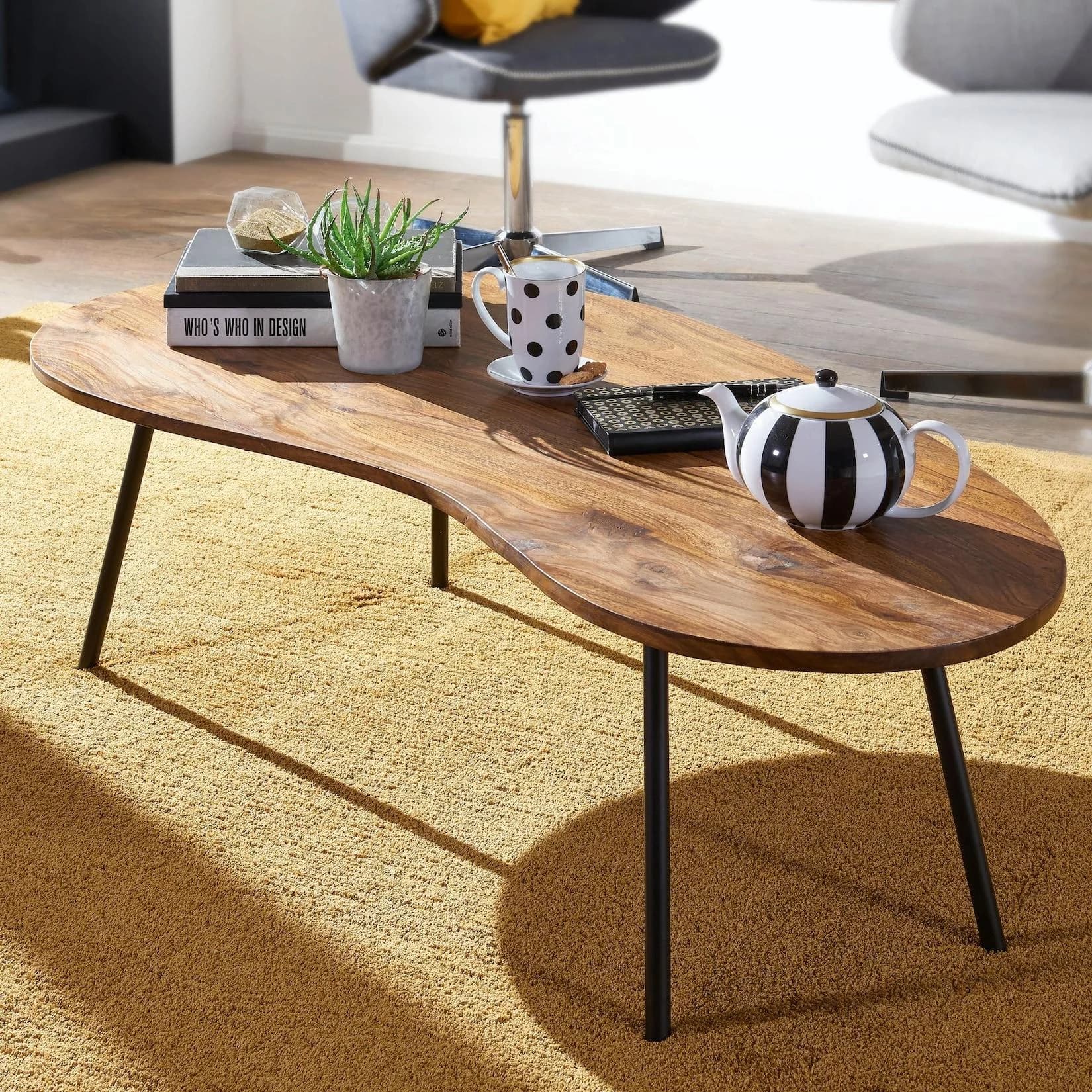 FineBuy Couchtisch Sheesham Nierentisch Metallbeine Modern