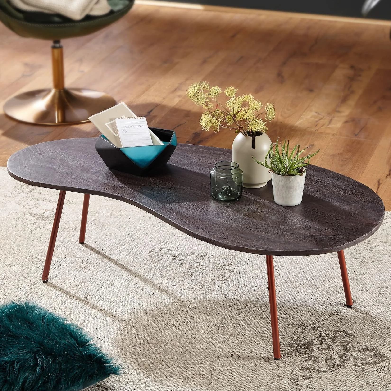 FineBuy Couchtisch Akazie Massivholz Retro Nierenform 122cm