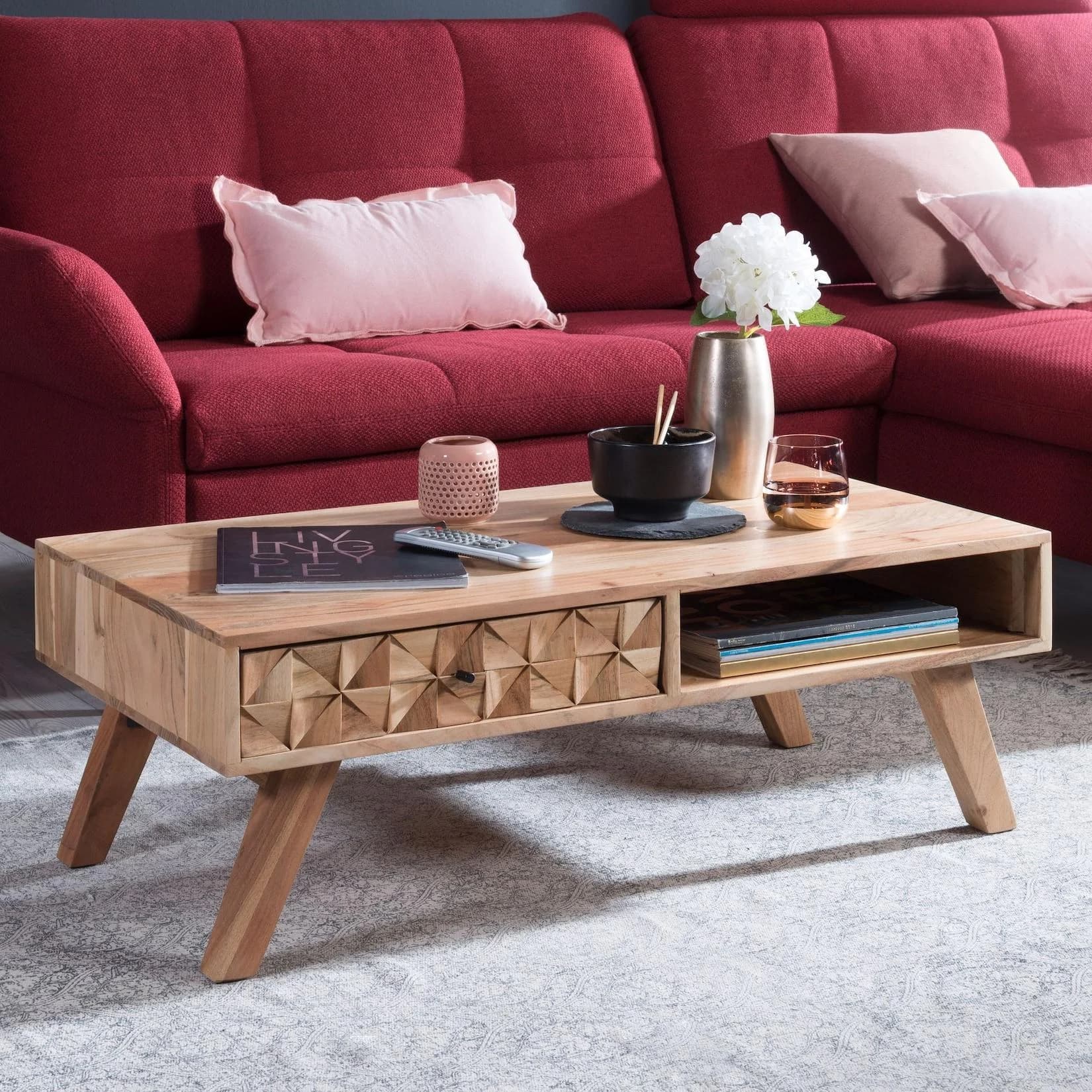 FineBuy Couchtisch Akazie Massivholz Retro Design mit Schublade