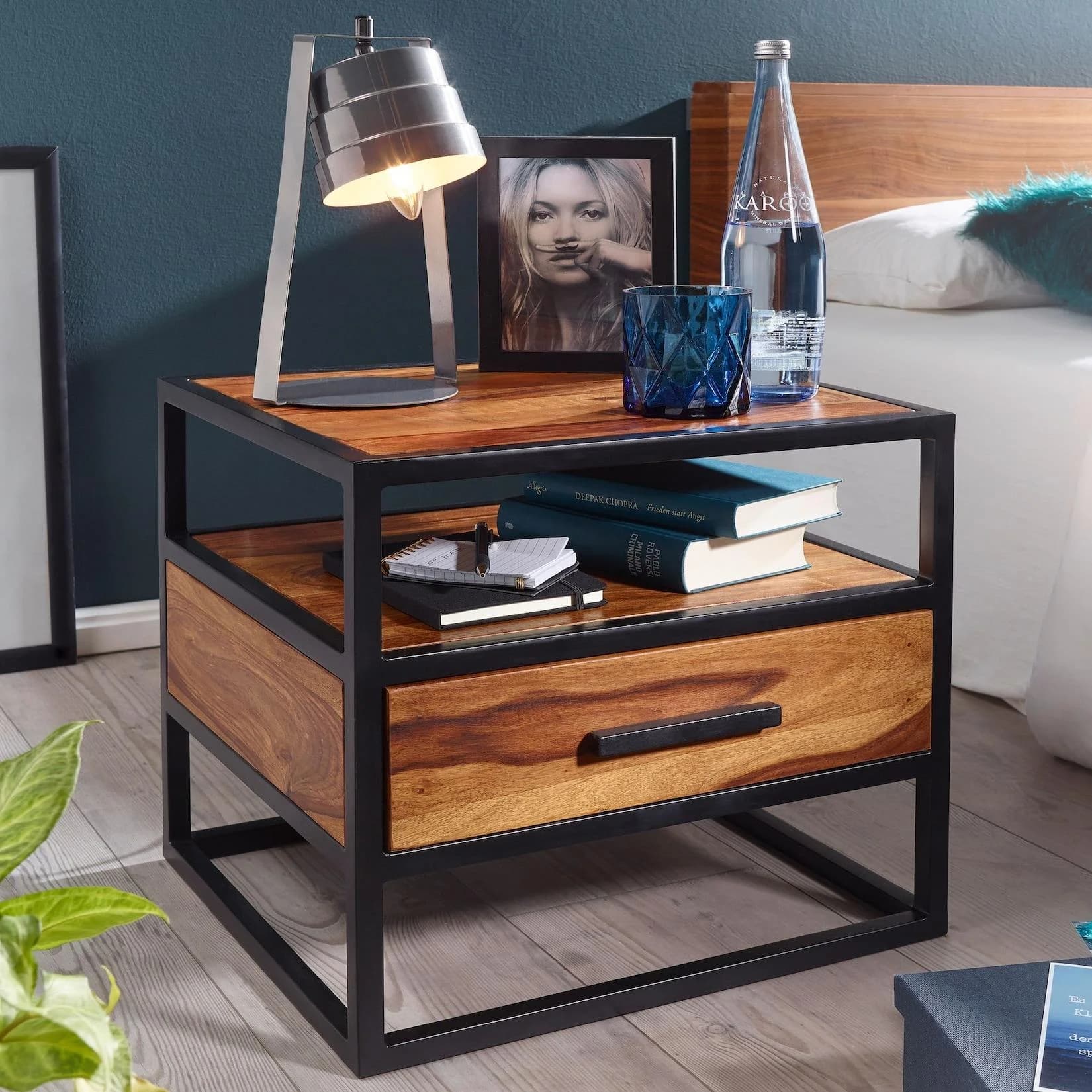 FineBuy Nachtkonsole Sheesham Massivholz Industrial mit Schublade