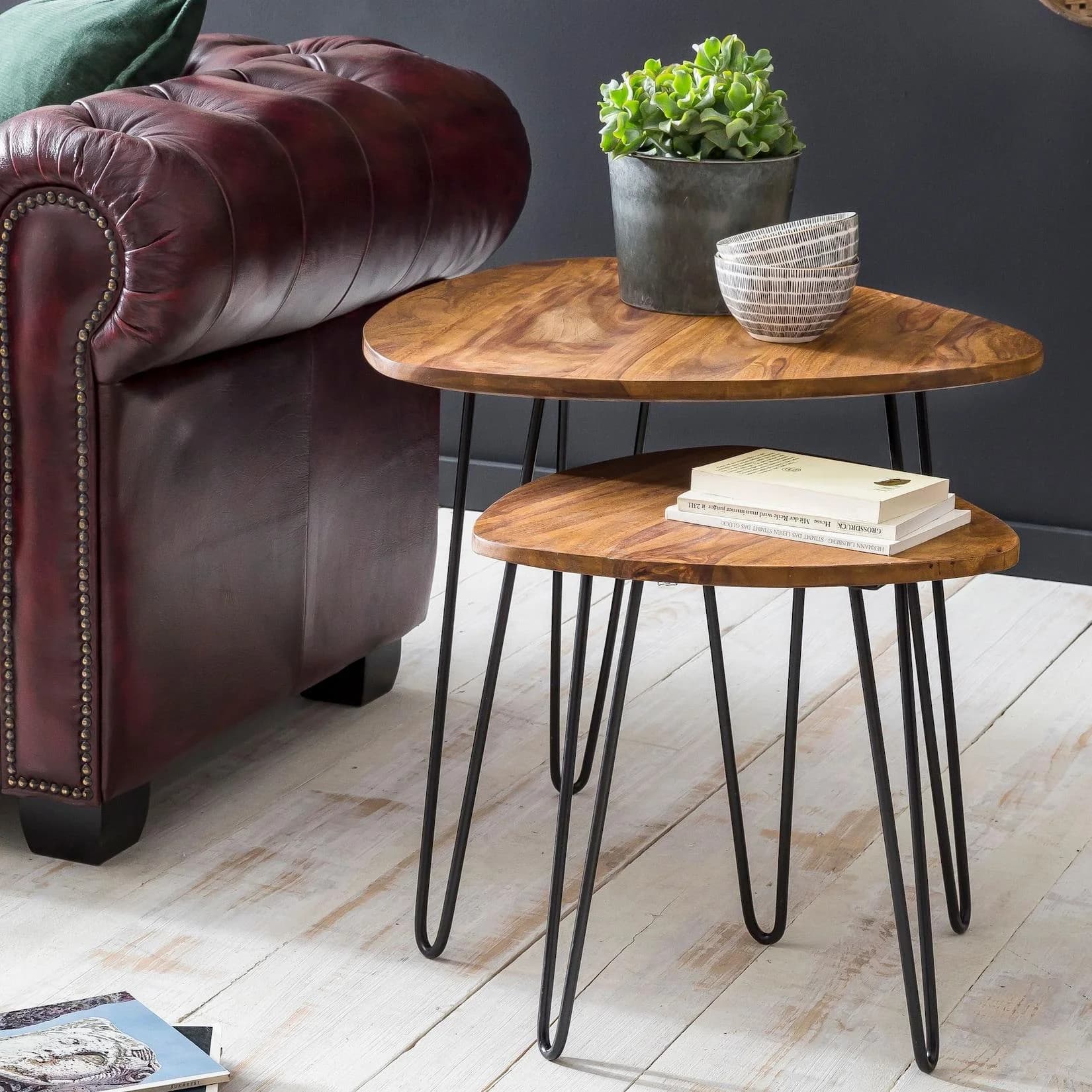 FineBuy 2er Set Beistelltisch Sheesham Holz Metall Industrial Design
