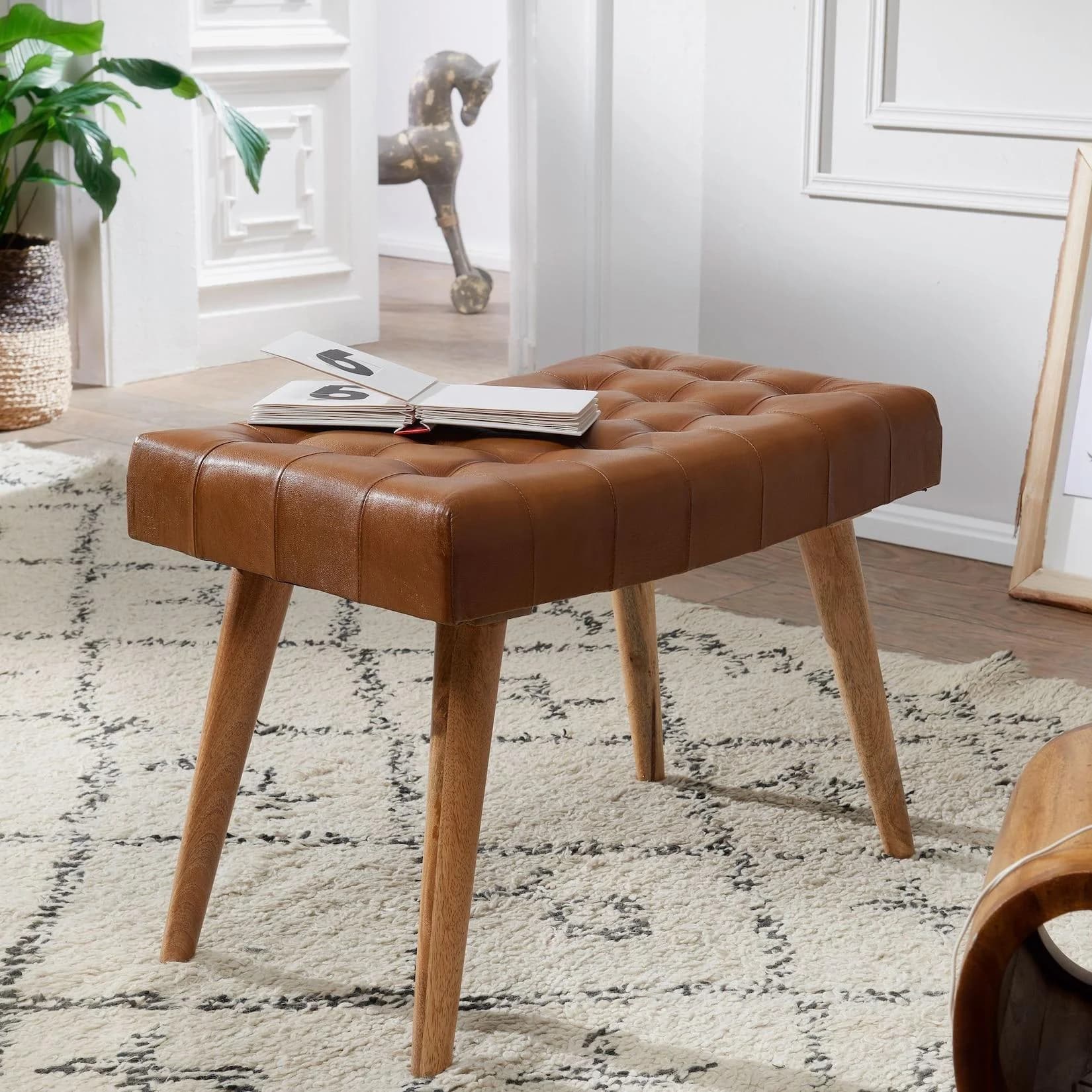 FineBuy Sitzhocker Massivholz Leder Chesterfield Design