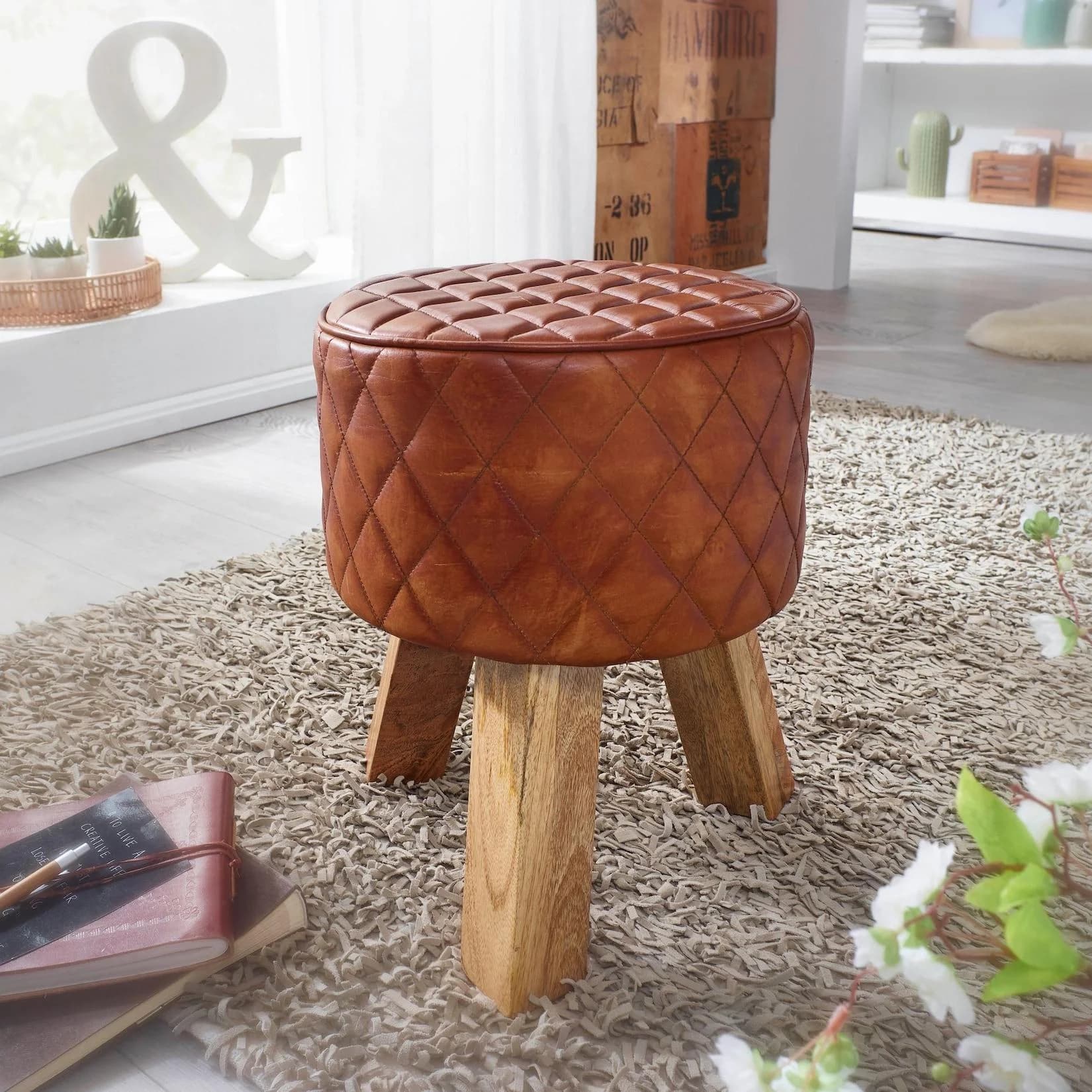 FineBuy Sitzhocker Echtleder Rund Massivholz Modernes Design