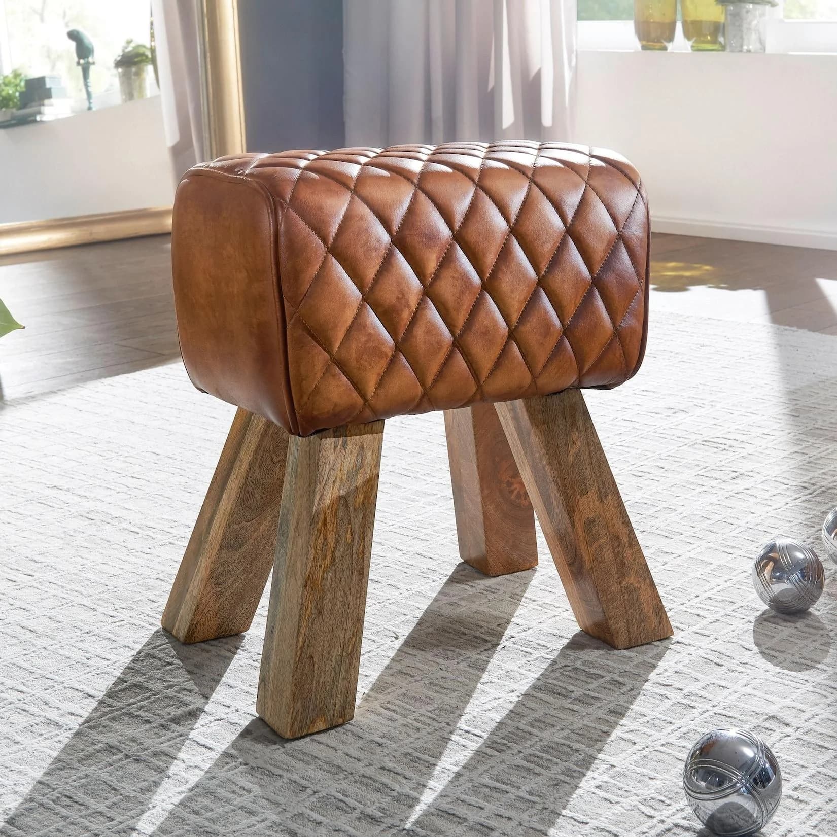 FineBuy Sitzhocker Echtleder Braun Massivholz Turnbock Design