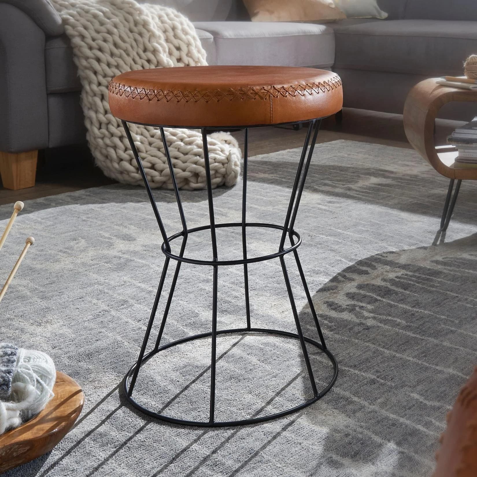 FineBuy Sitzhocker Braun Echtleder Metall Industrial