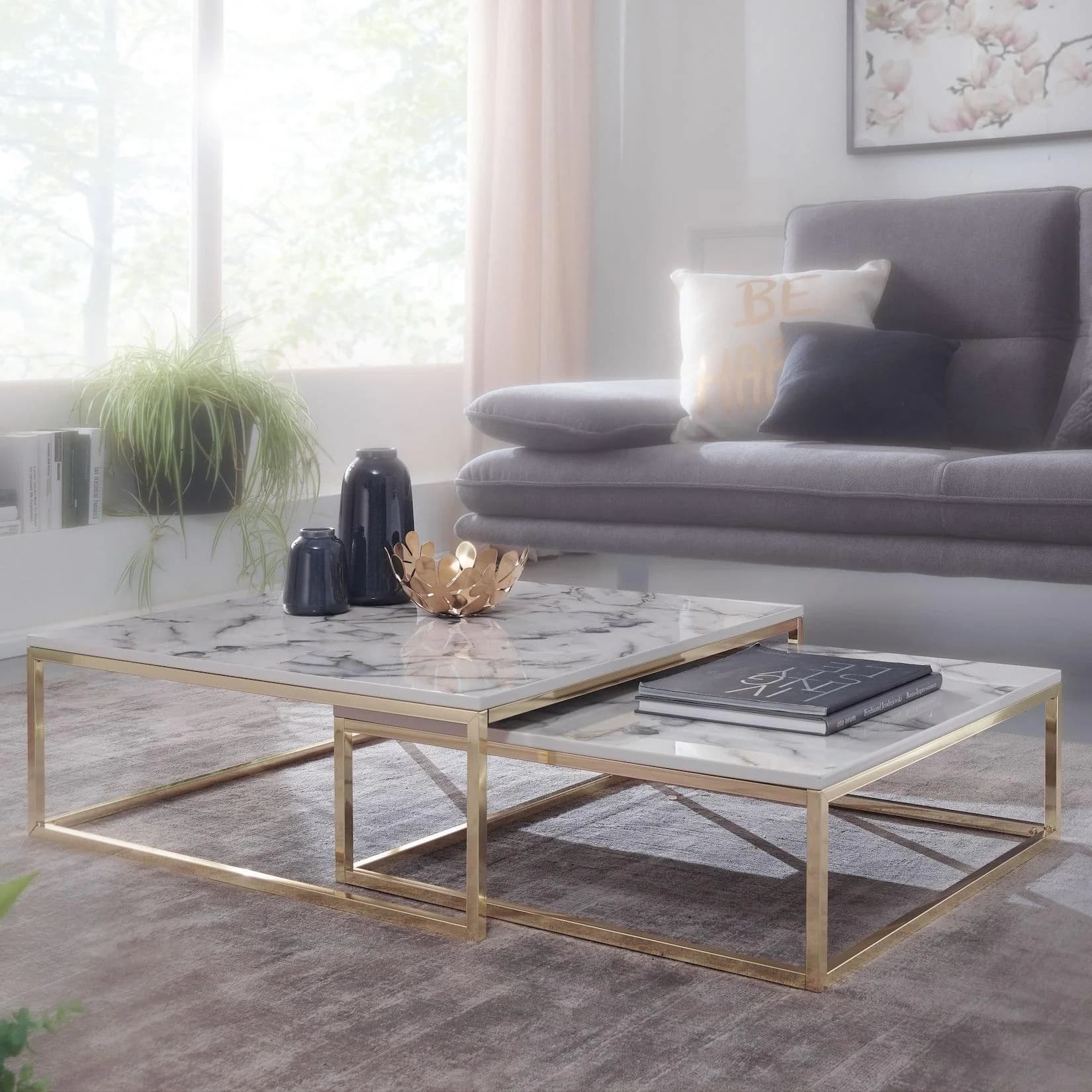 WOHNLING Design Couchtisch 2er Set Weiß Marmor Optik