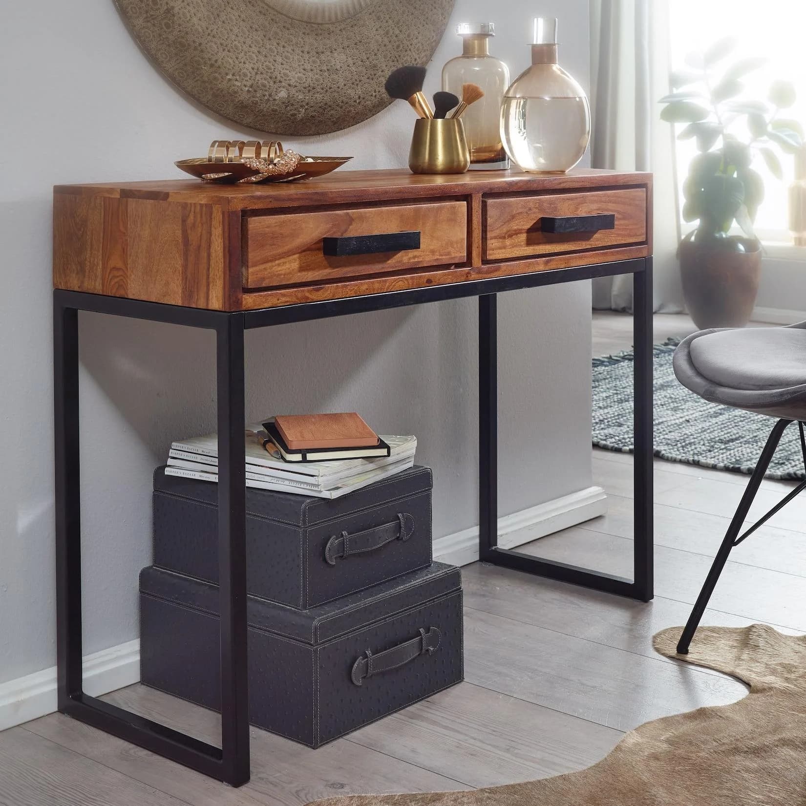 FineBuy Konsolentisch Sheesham Massivholz Industrial Design