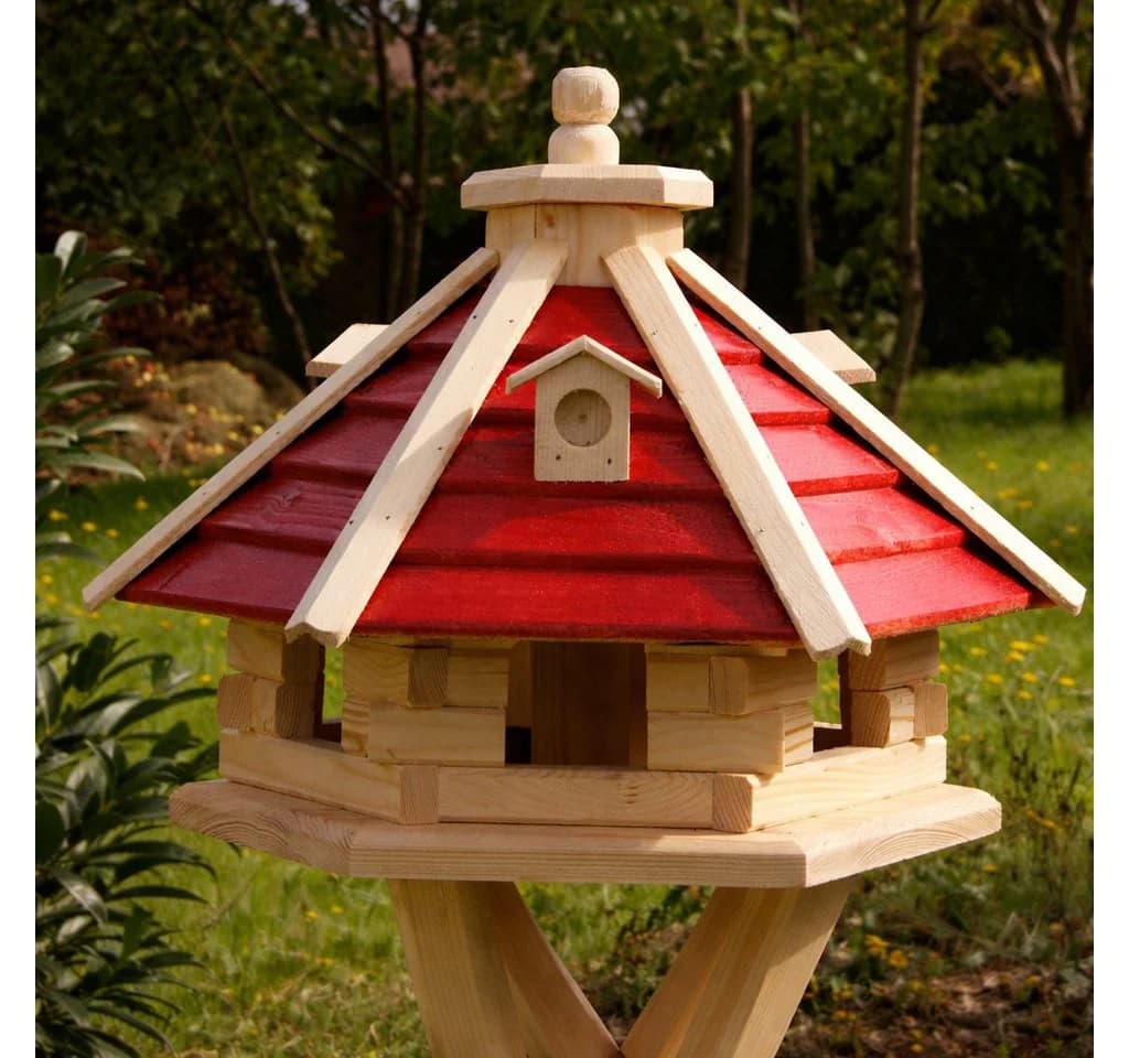 Holzdekoladen Vogelhaus aus Holz Sechseckig mit Ständer & Solarlicht Weiß