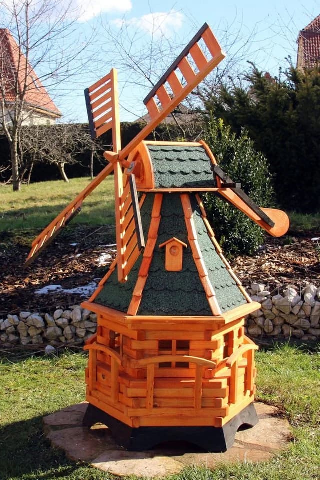 Holzdekoladen Deko-Windrad Holz Windmühle mit Solarlicht Weiß