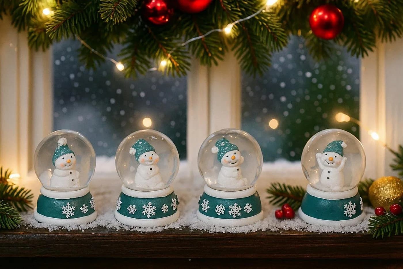 Geschenkestadl Schneekugel 4er-Set Schneemann Winter Deko Rot/Türkis