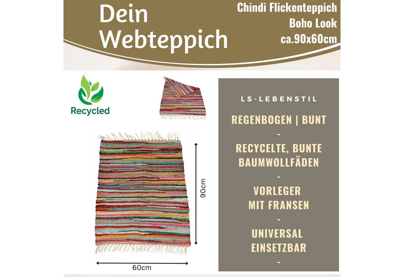 LS-LebenStil Fleckerlteppich Dehli Bunt Handgewebt Baumwolle