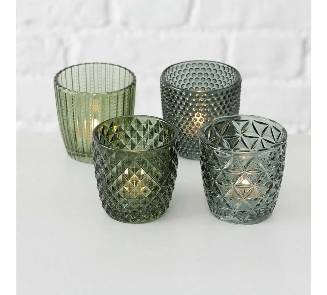 LS-LebenStil Teelichthalter 4´er Set Retro Grün Glas
