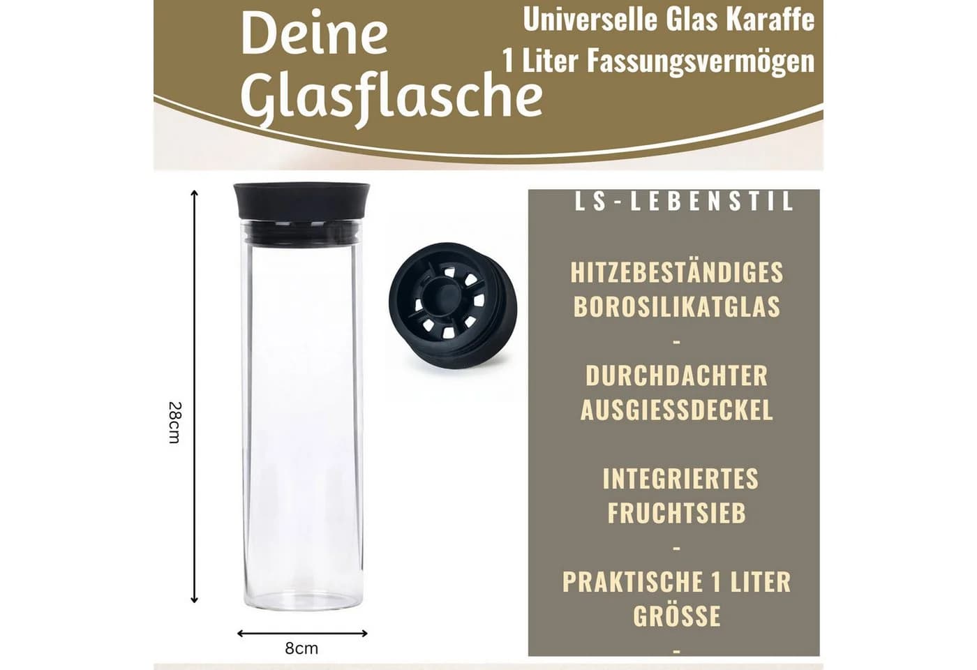 LS-LebenStil Wasserkaraffe 1L Borosilikatglas mit Sieb