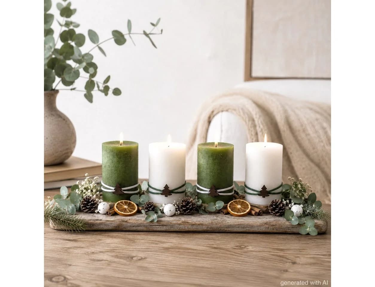 ZauberDeko Adventskerzen Stumpenkerzen Grün Creme 4 Stück mit Tannenbaum