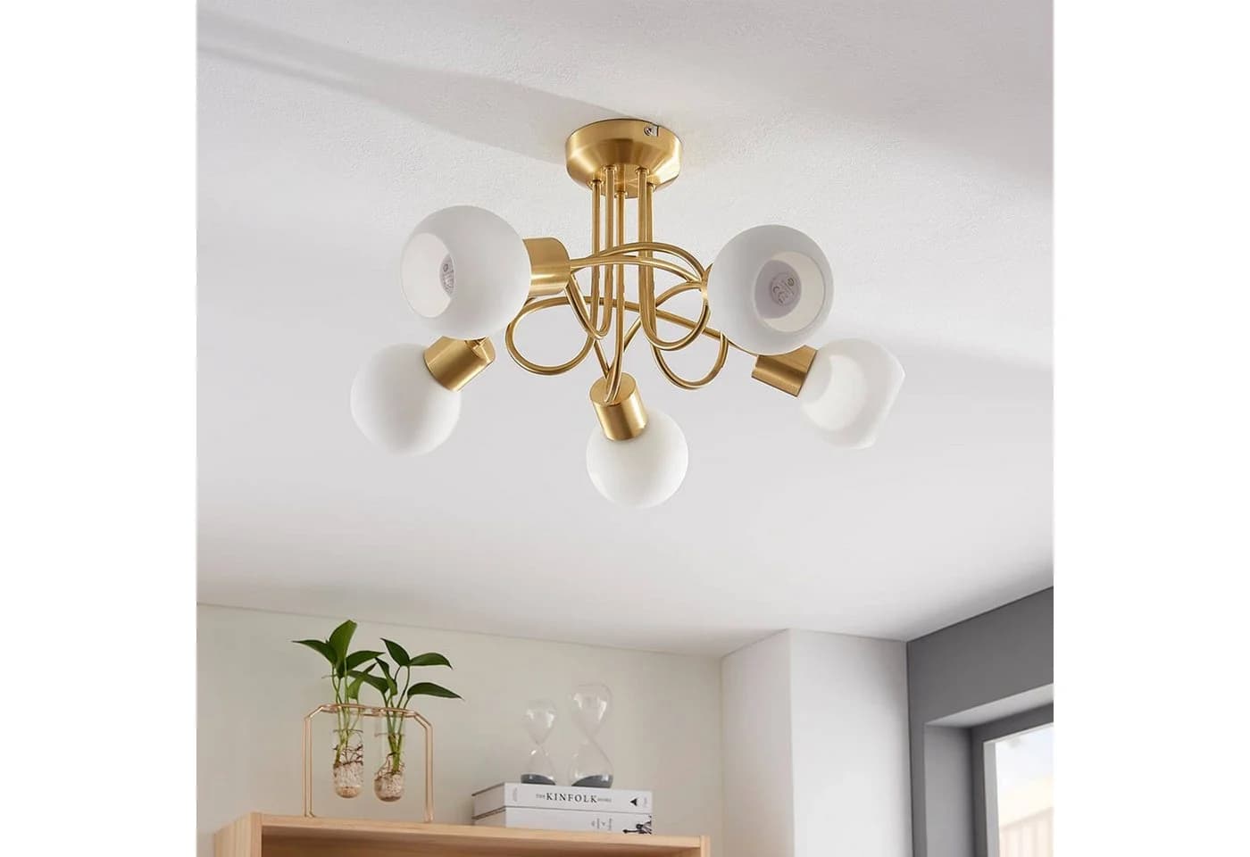 Lindby Deckenlampe Elaina 50cm 5-flg. Messing Glas E14