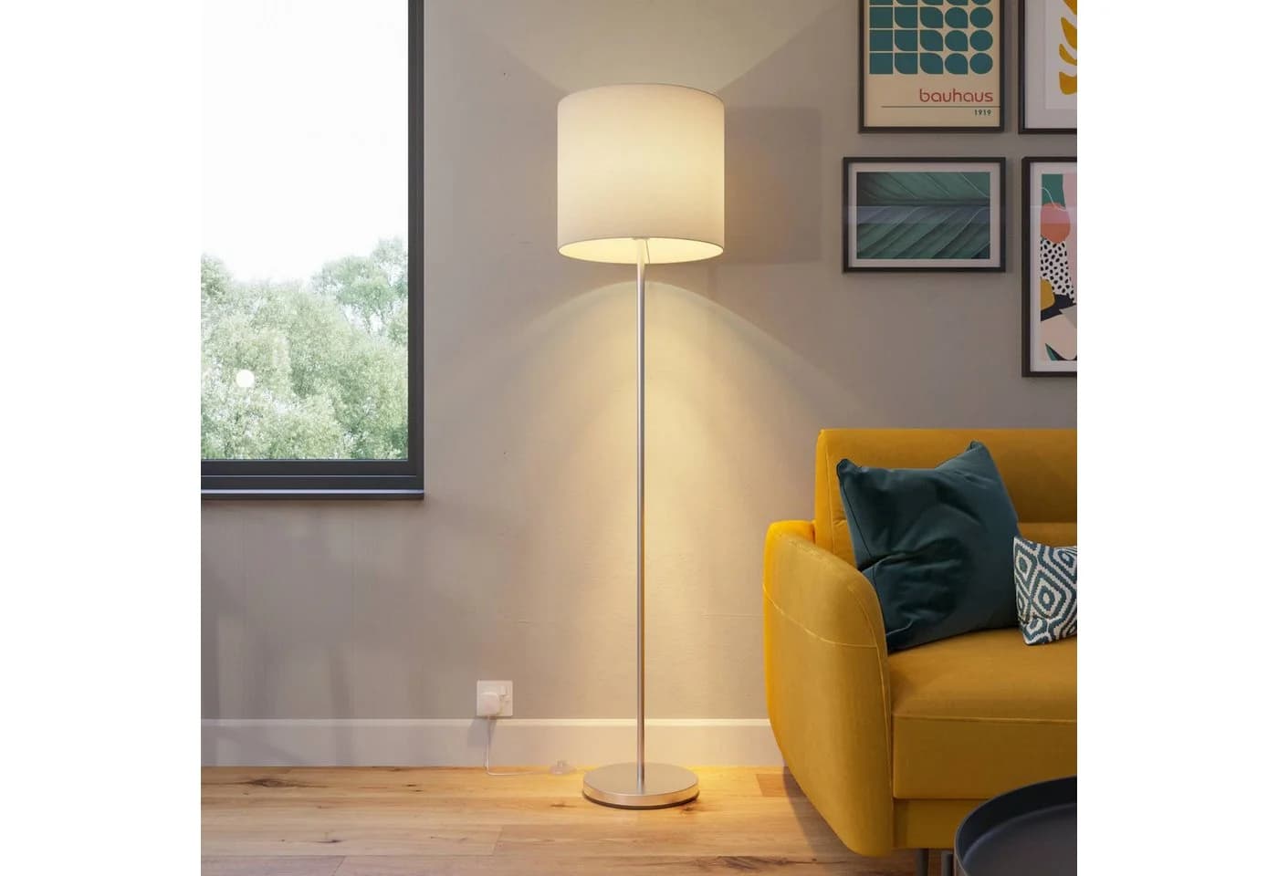 Lindby Stehlampe Everly Weiß Stoffschirm 166 cm