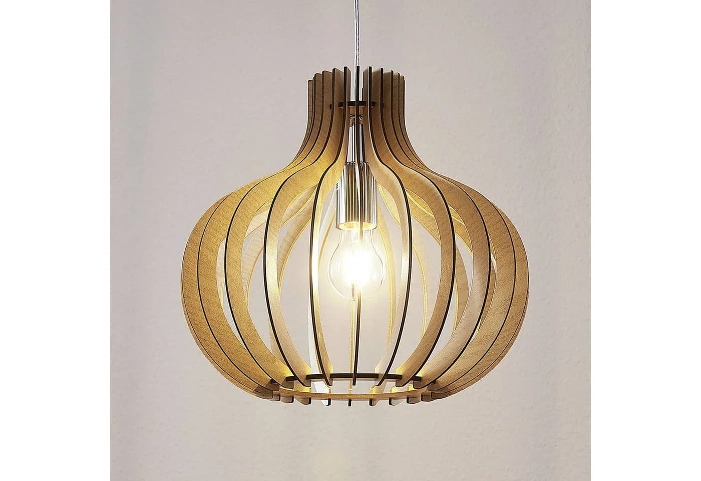 Lindby Pendelleuchte Sina, Ø 35 cm, Holz, E27
