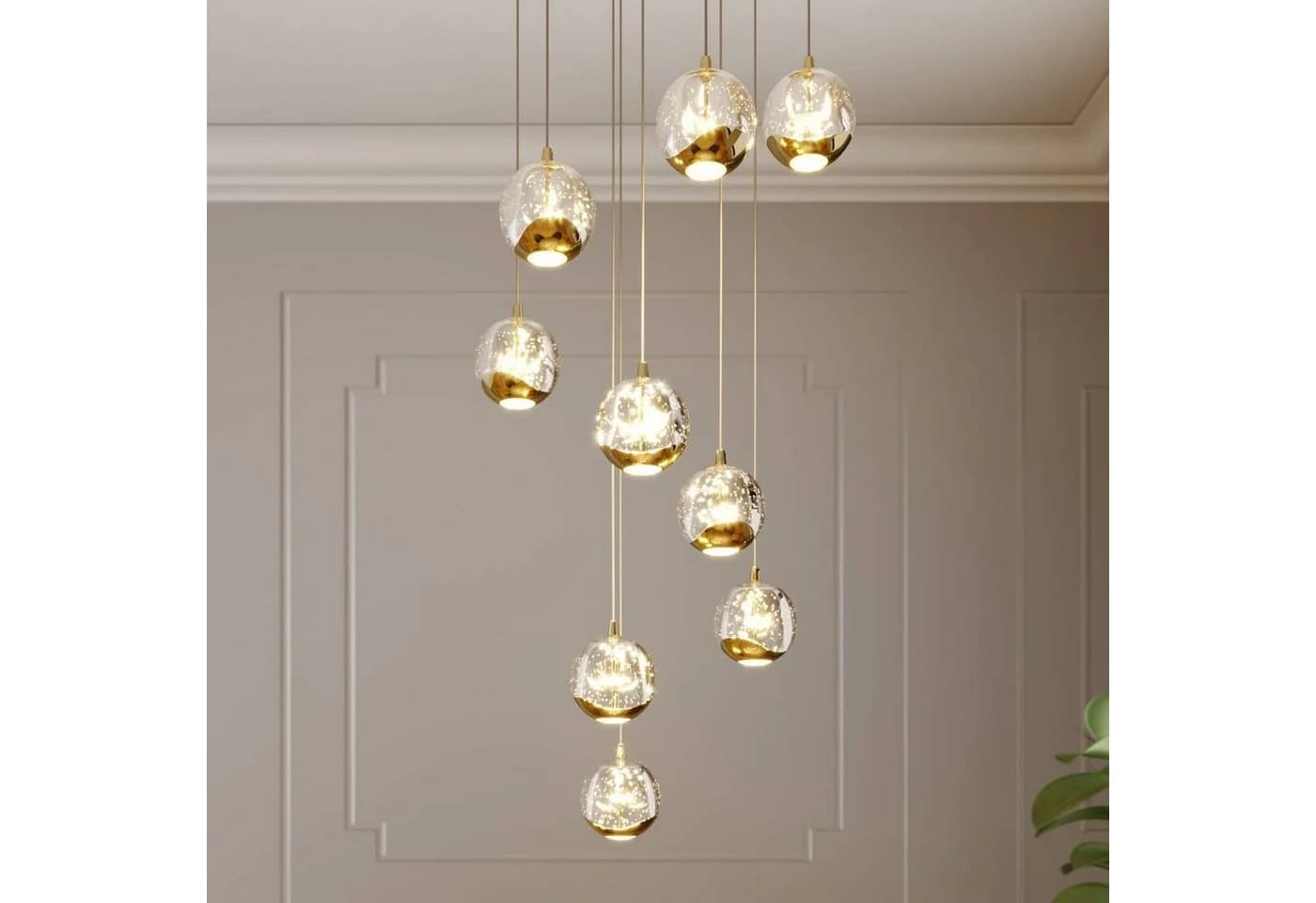 Lucande Hängeleuchte Hayley, 9 x 5 W LED, warmweiß, Glas & Metall, Gold