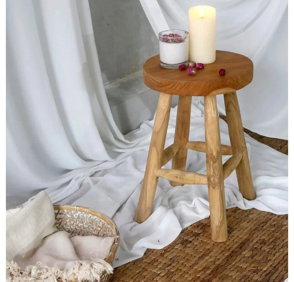 LebensWohnArt Sitzhocker Teak Hocker KANSAS Natural 45cm Beistelltisch