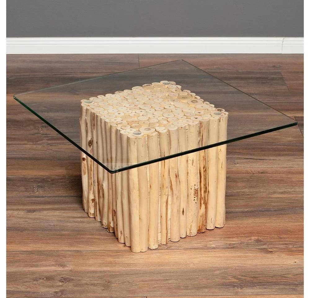 LebensWohnArt Couchtisch Teak NICO Natural inkl. Glasplatte 70x70cm