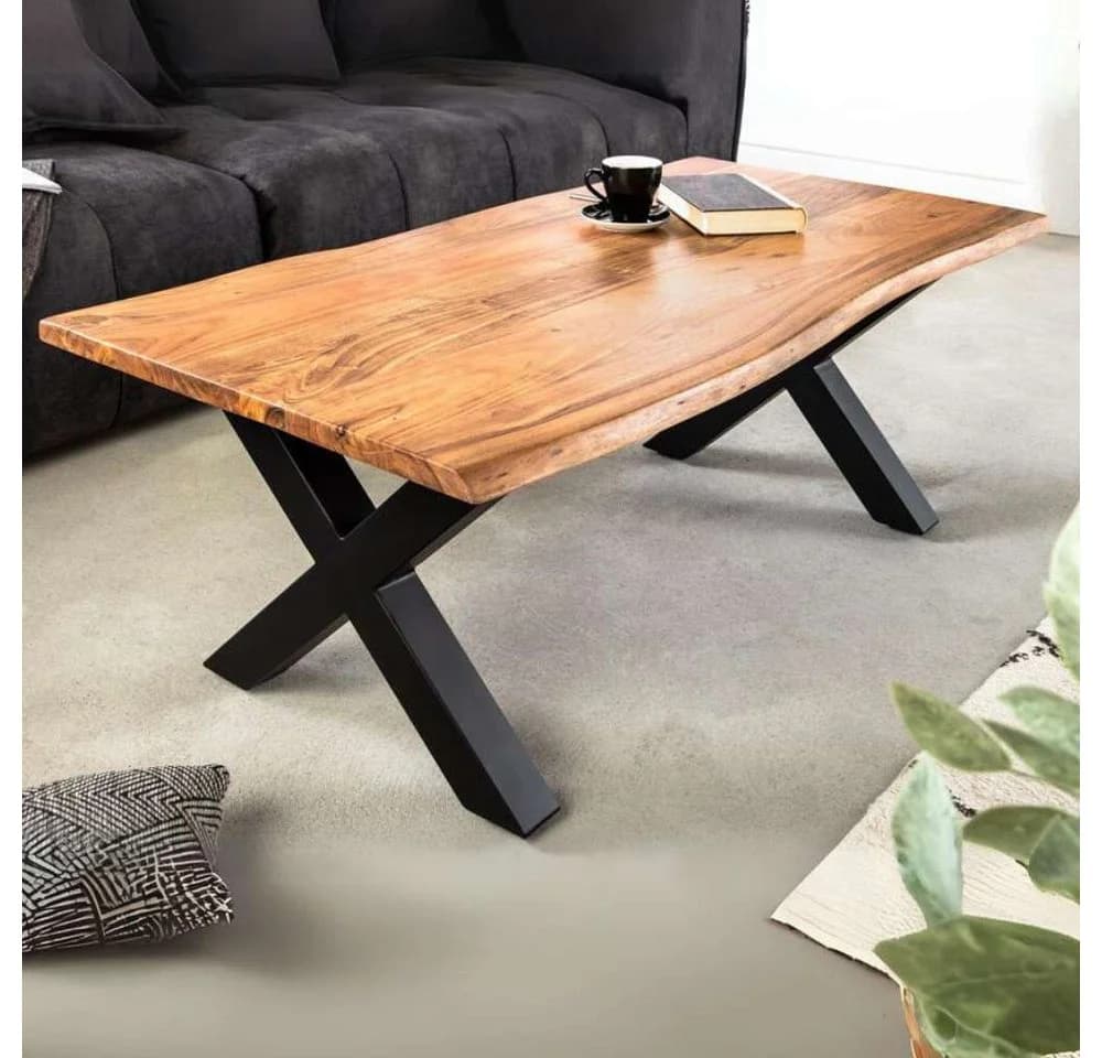 LebensWohnArt Couchtisch ARBOL Massivholz Akazie Baumkante X-Gestell