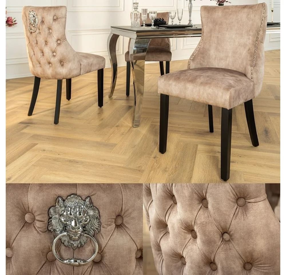 LebensWohnArt Stuhl LEON Samt beige Chesterfield mit Löwenkopf
