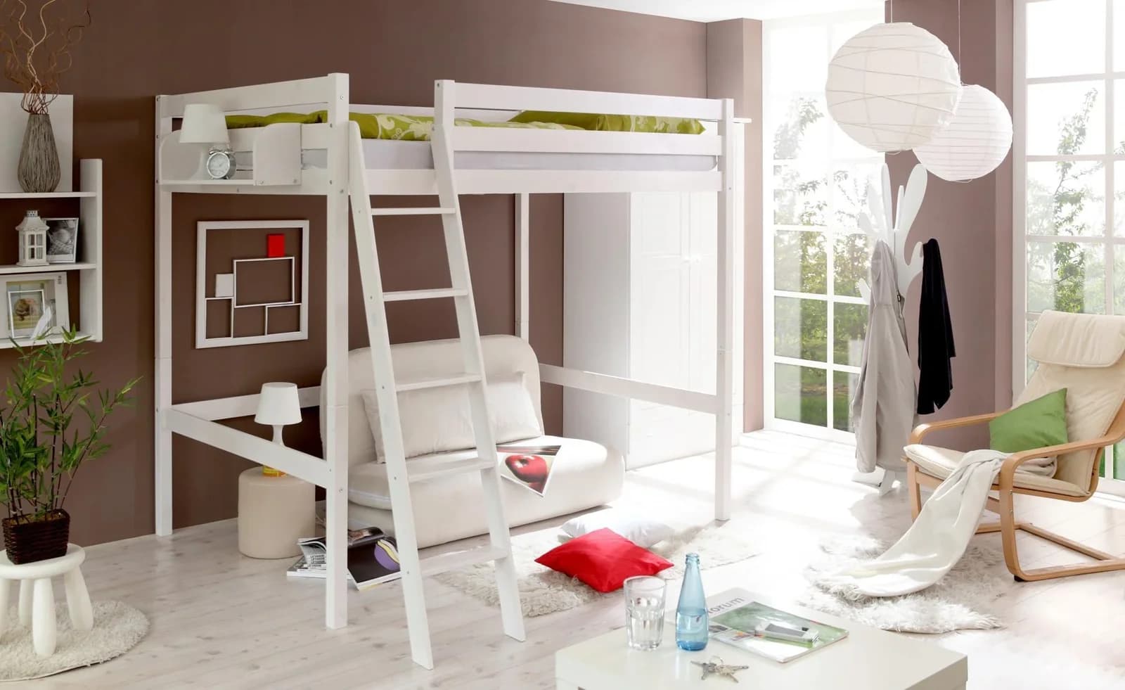 TICAA Hochbett Weiß Kiefer Massivholz mit Rollrost