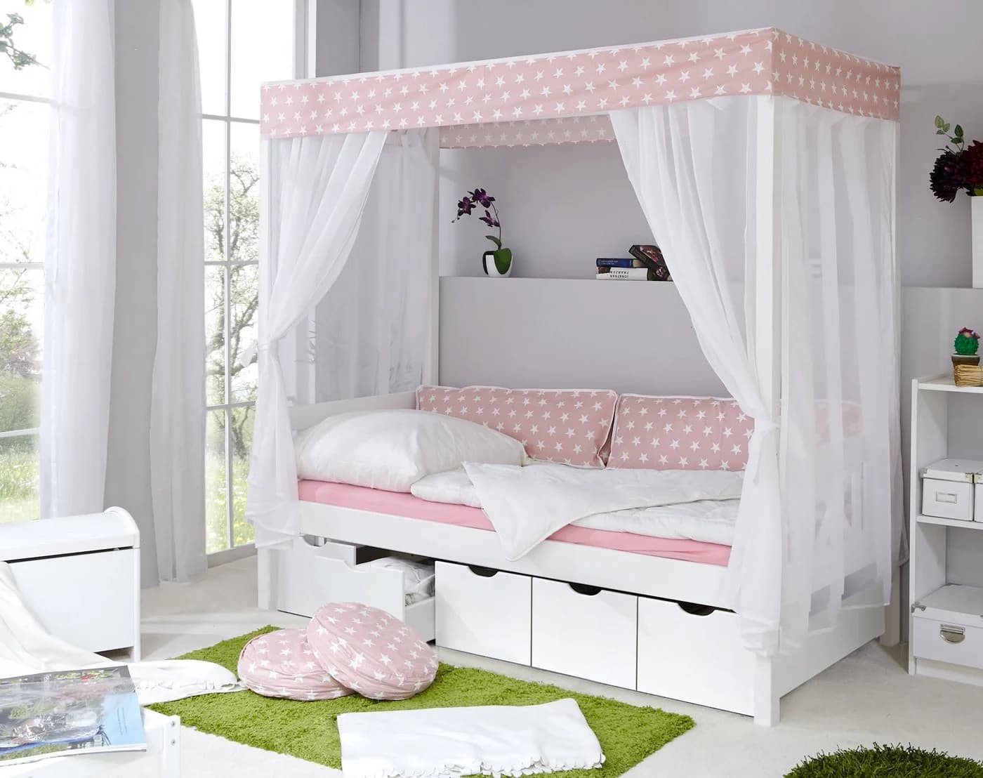 TiCAA Himmelbett Rosa 310 Kiefer Weiß Rosa/Weiß Stern