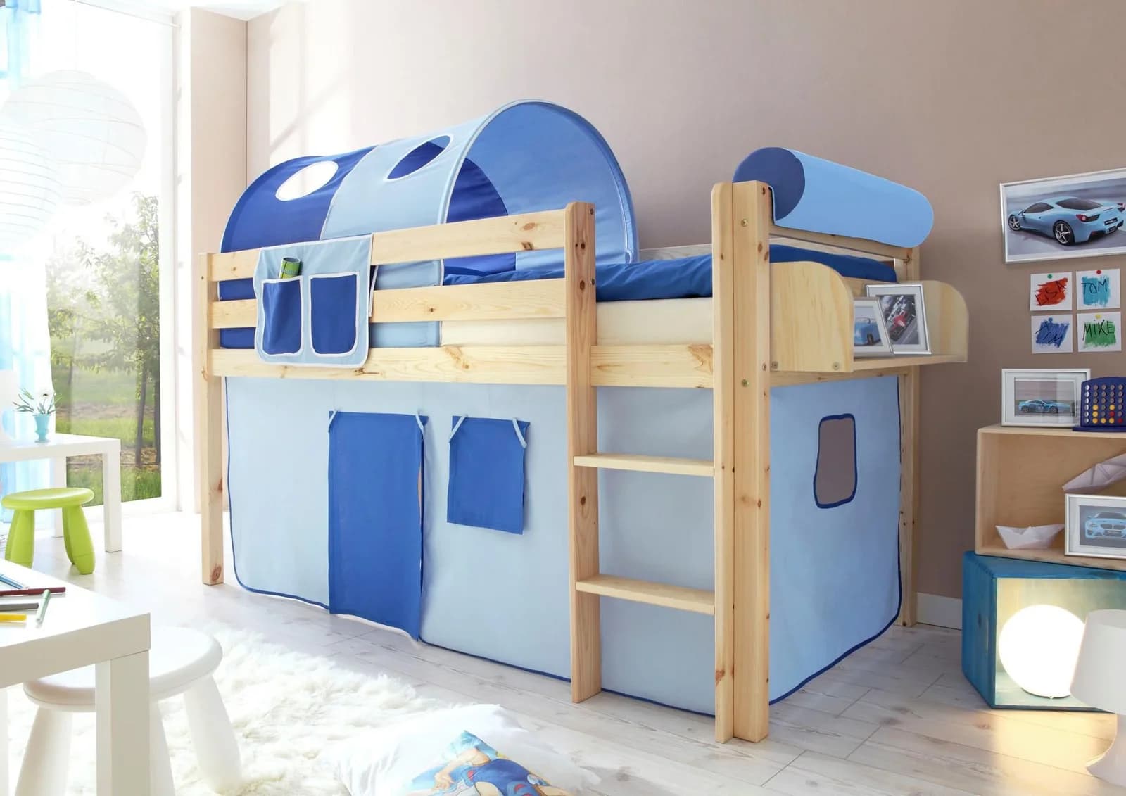 TICAA Hochbett Malte Kiefer massiv mit Tunnel und Vorhang