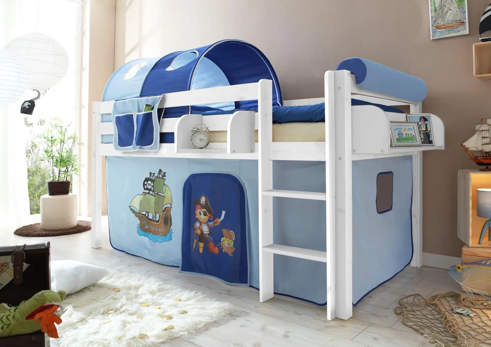 TICAA Hochbett Malte Weiß/Blau mit Matratze und Zubehör