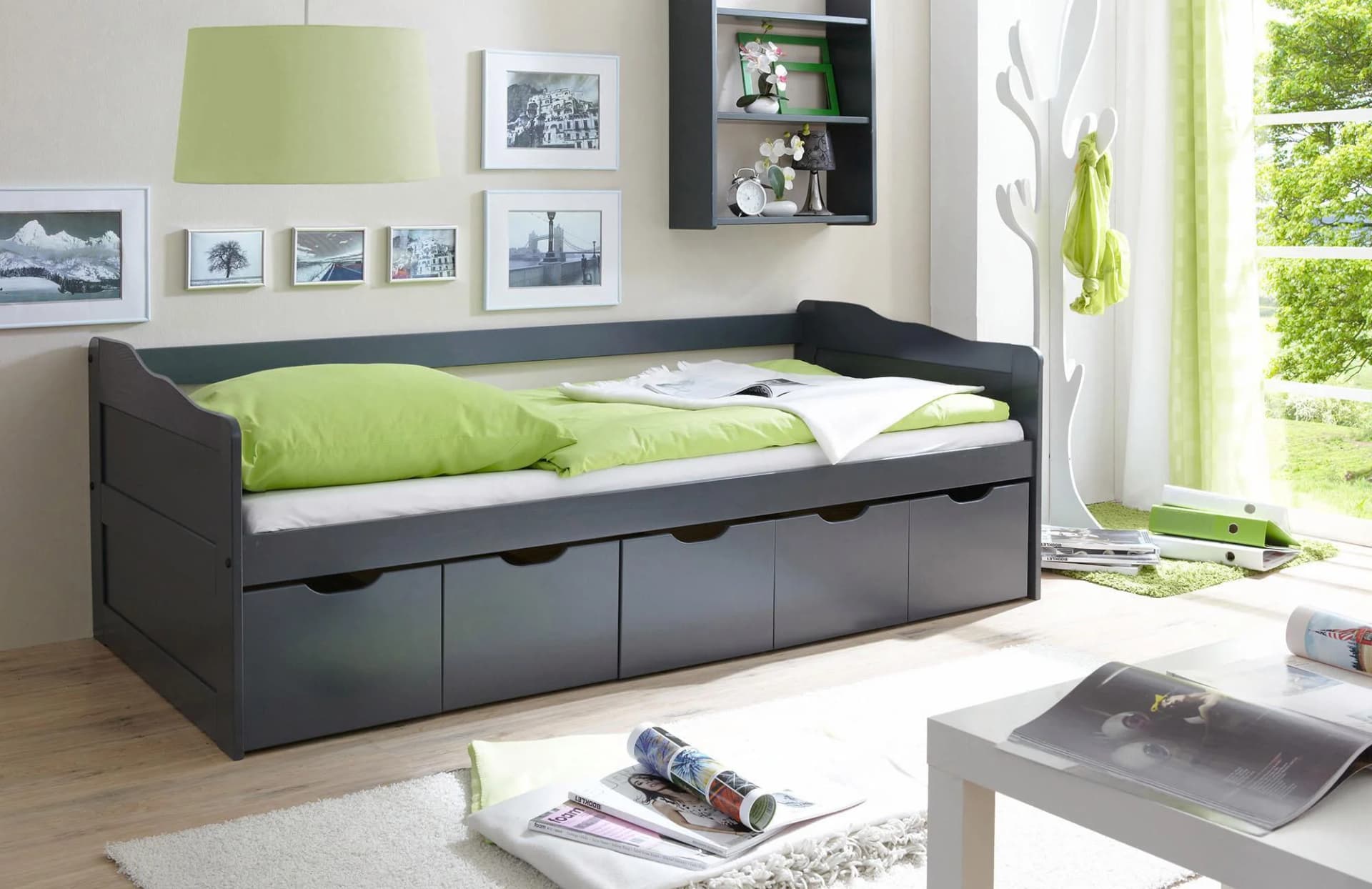 TICAA Funktionsbett Maria Grau mit 5 Schubkästen und Matratze