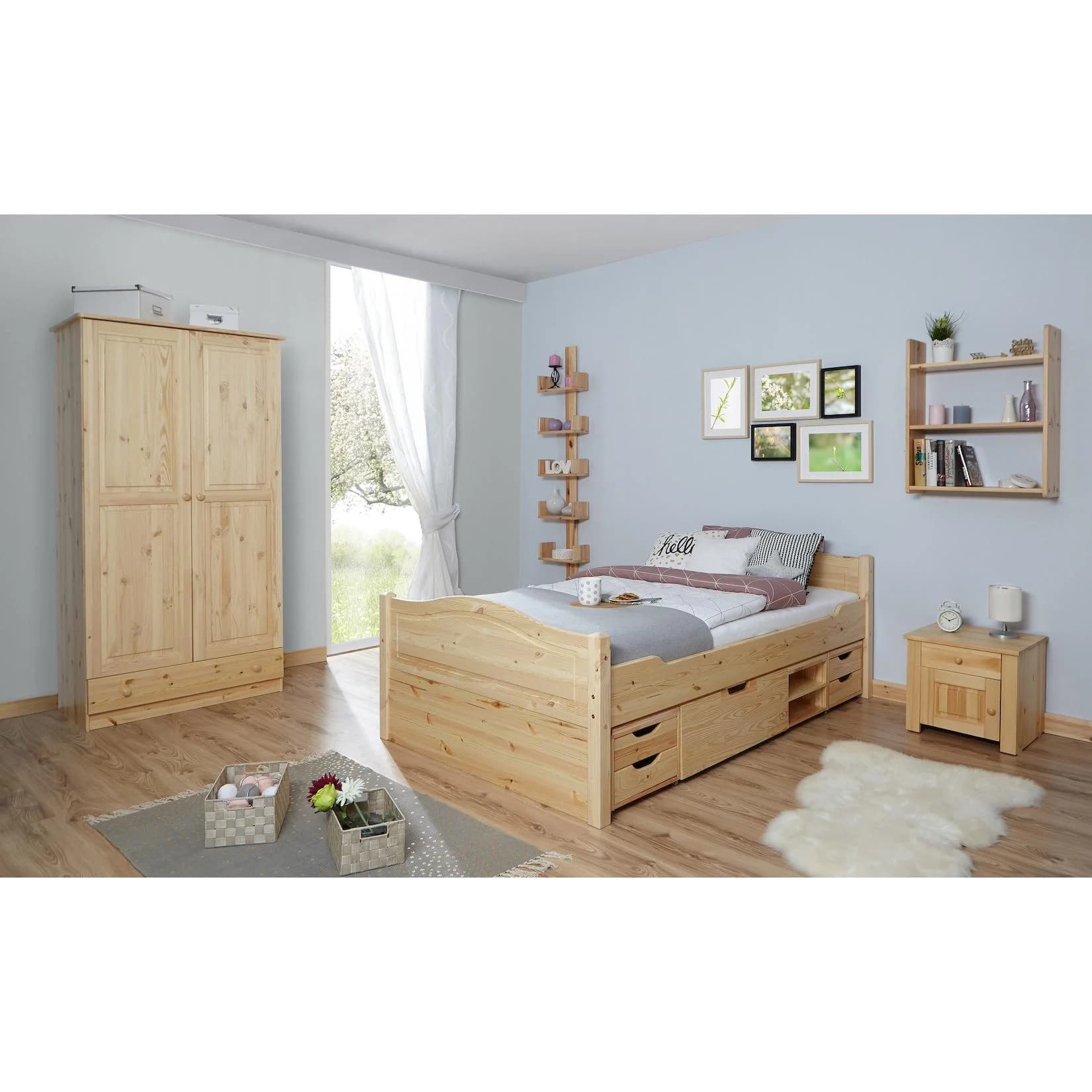 TiCAA Doppelbett Leni 140x200 mit 4 Schubkästen Kiefernholz