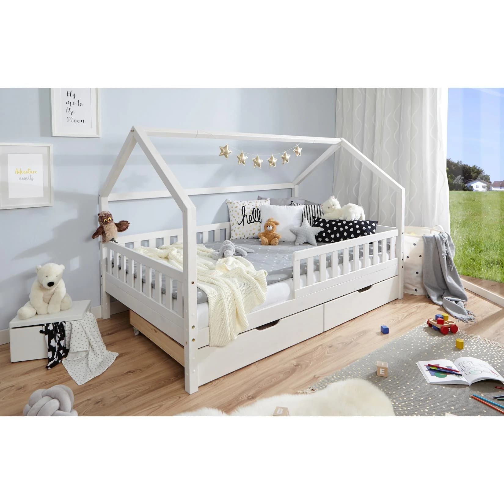 TiCAA Kinderbett Hausbett Kay Weiß mit Schubkästen