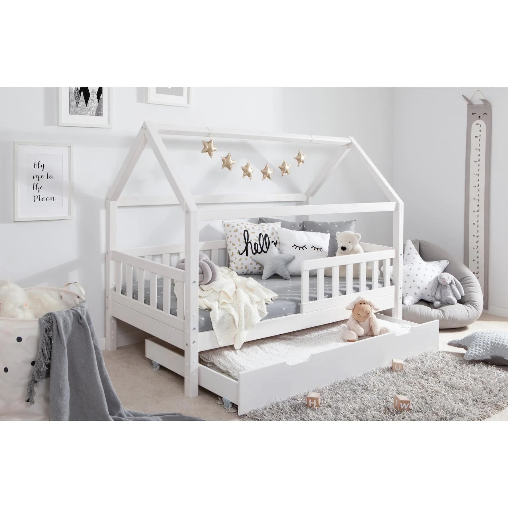 TiCAA Kinderbett Hausbett Kay Weiß mit Schubkästen