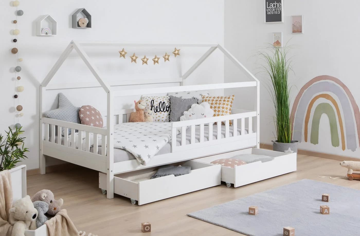 TiCAA Kinderbett Hausbett Montessori Kay mit Schubladen und Rausfallschutz