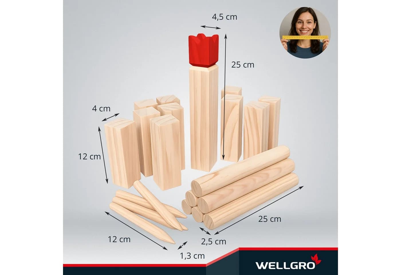 Wellgro Kubb Spiel aus massivem Kiefernholz mit König und Wurfhölzern