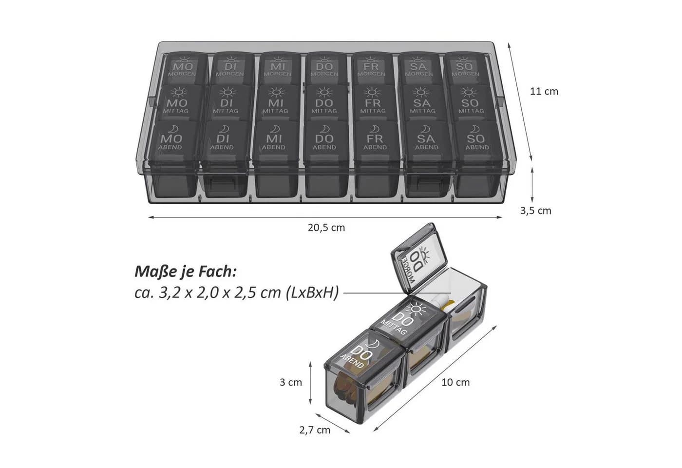 Wellgro Pillendose Tablettenbox 7 Tage Schwarz BPA-frei