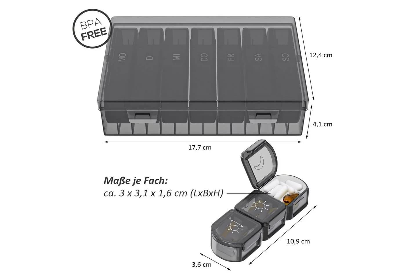 Wellgro Pillendose Große Tablettenbox für 7 Tage Schwarz