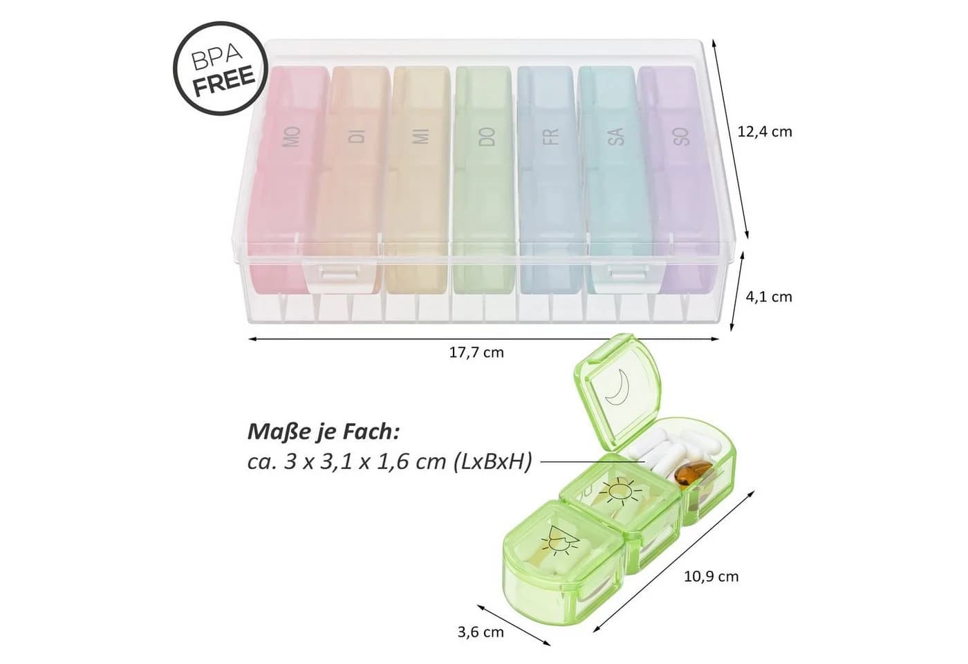 Wellgro Pillendose Große Tablettenbox für 7 Tage Bunt