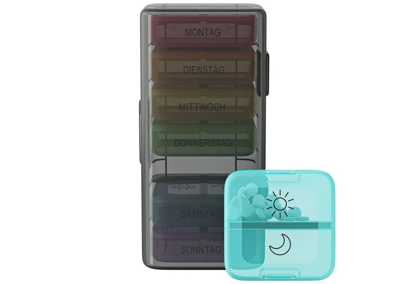 Wellgro Pillendose Große Tablettenbox für 7 Tage Schwarz